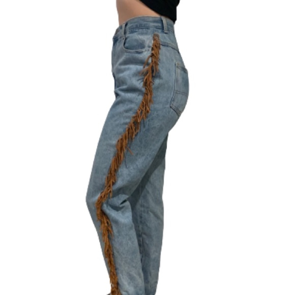 Vintage 90’s High Waist Light-wash Denim Jeans with Side Fringes/Tassels